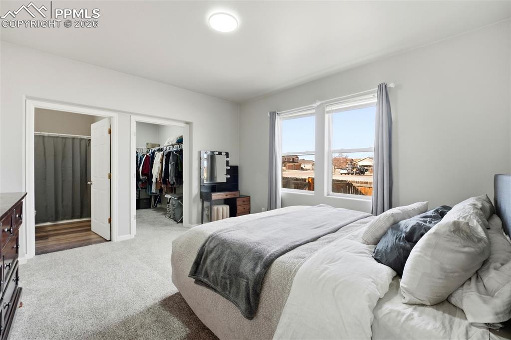 Image 17 of 41: Bedroom with a spacious closet and dark carpet