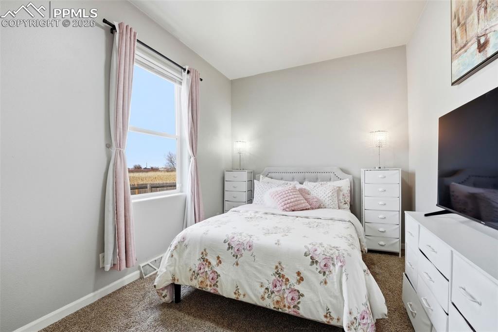 Image 22 of 41: Bedroom featuring dark colored carpet and baseboards