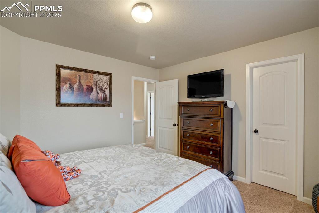 Image 31 of 49: Bedroom with light colored carpet and baseboards