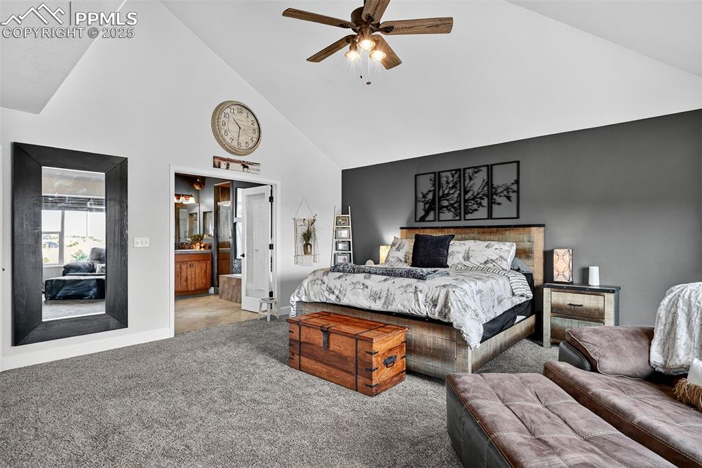 Image 24 of 39: Bedroom with high vaulted ceiling, carpet flooring, ensuite bathroom, and c