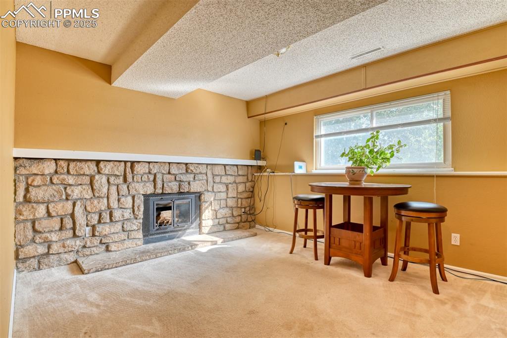 Image 19 of 38: Lower level Living area featuring carpet floors, a stone fireplace