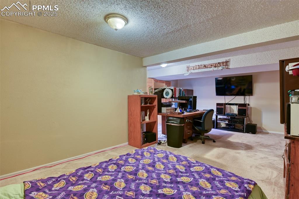 Image 30 of 38: Large bedroom in basement featuring carpet and a textured ceiling