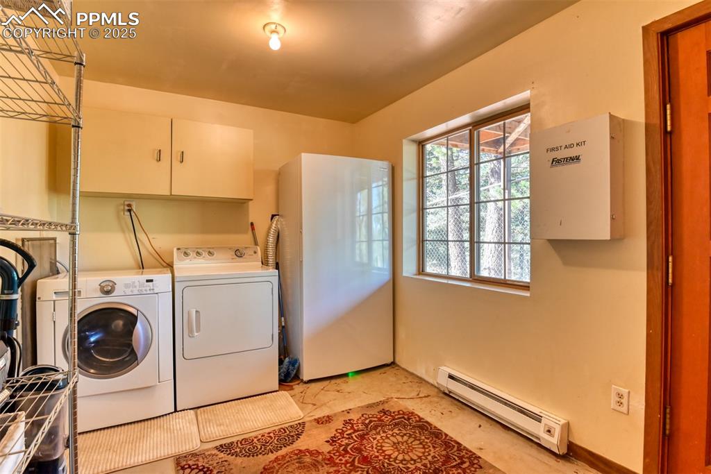 Image 32 of 38: Spacious laundry room with storage