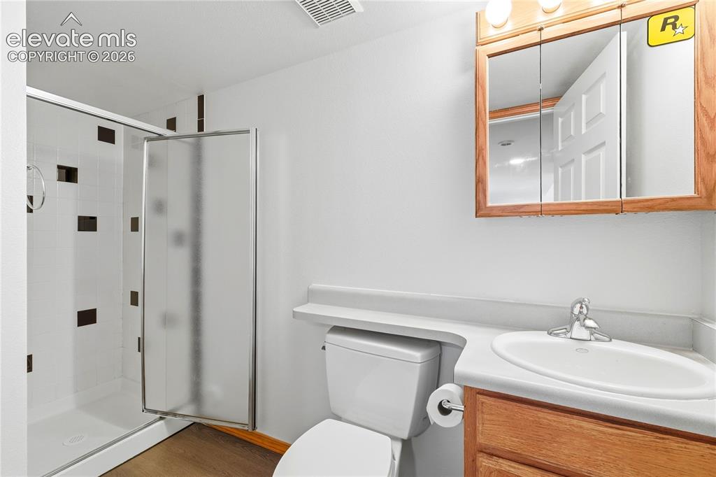 Image 36 of 47: Walk-in shower with opaque glass door