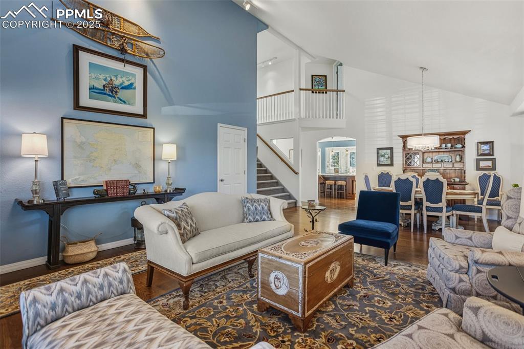 Image 13 of 43: Living room featuring track lighting, dark wood-type flooring, high vaulted