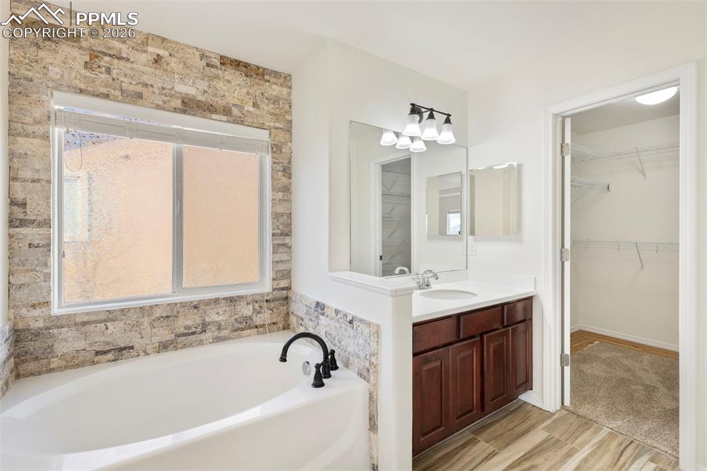 Image 15 of 31: Bathroom featuring vanity, a garden tub, a walk in closet, and light wood-t