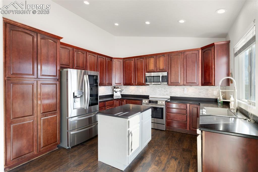 Image 8 of 31: Kitchen with stainless steel appliances, lofted ceiling, dark wood finished