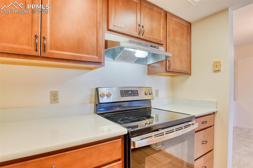 Image 18 of 42: Kitchen with stainless steel range with electric stovetop, under cabinet ra