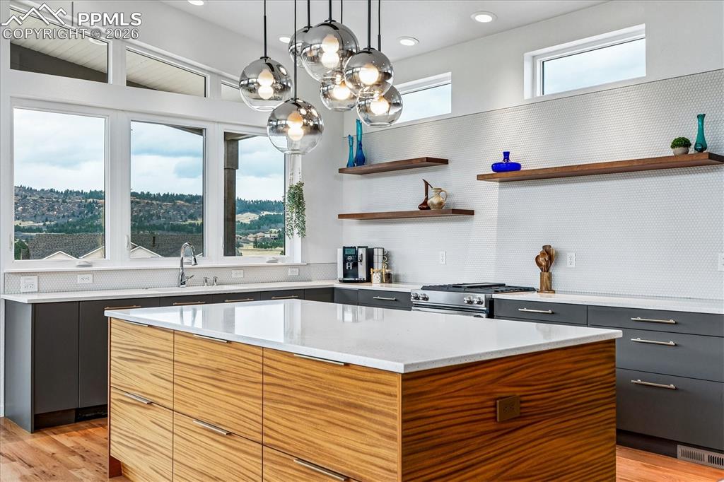 Image 19 of 50: Gourmet kitchen with solid oak flooring, mountain views, designer & recesse