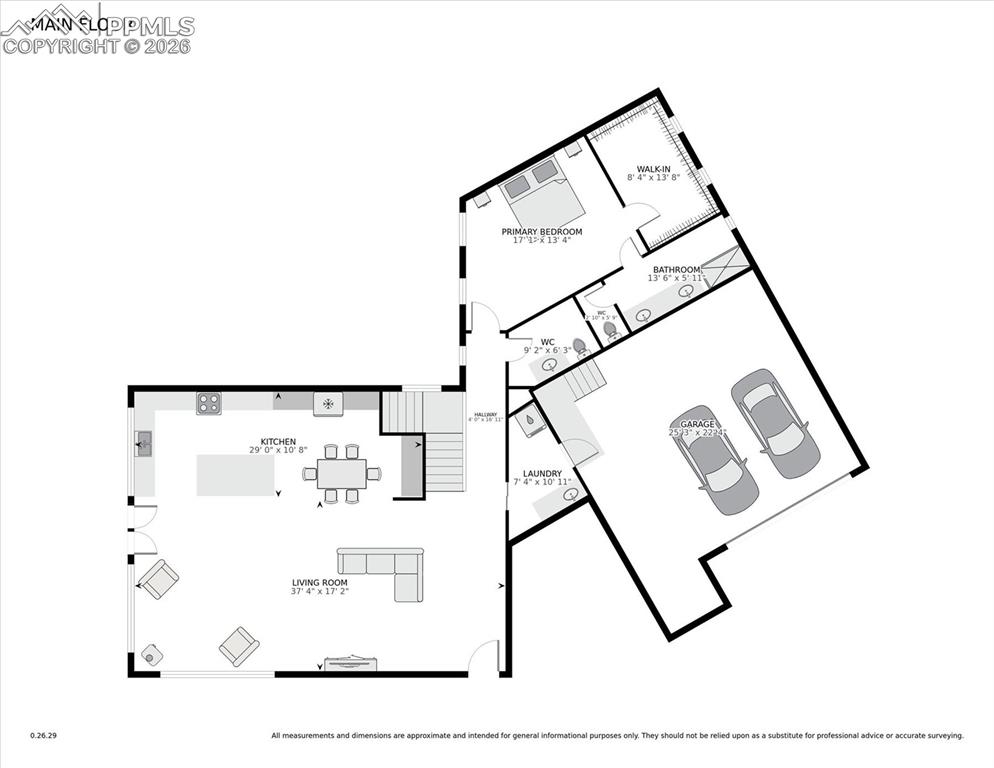 Image 49 of 50: Main level floorplan including the oversized garage.