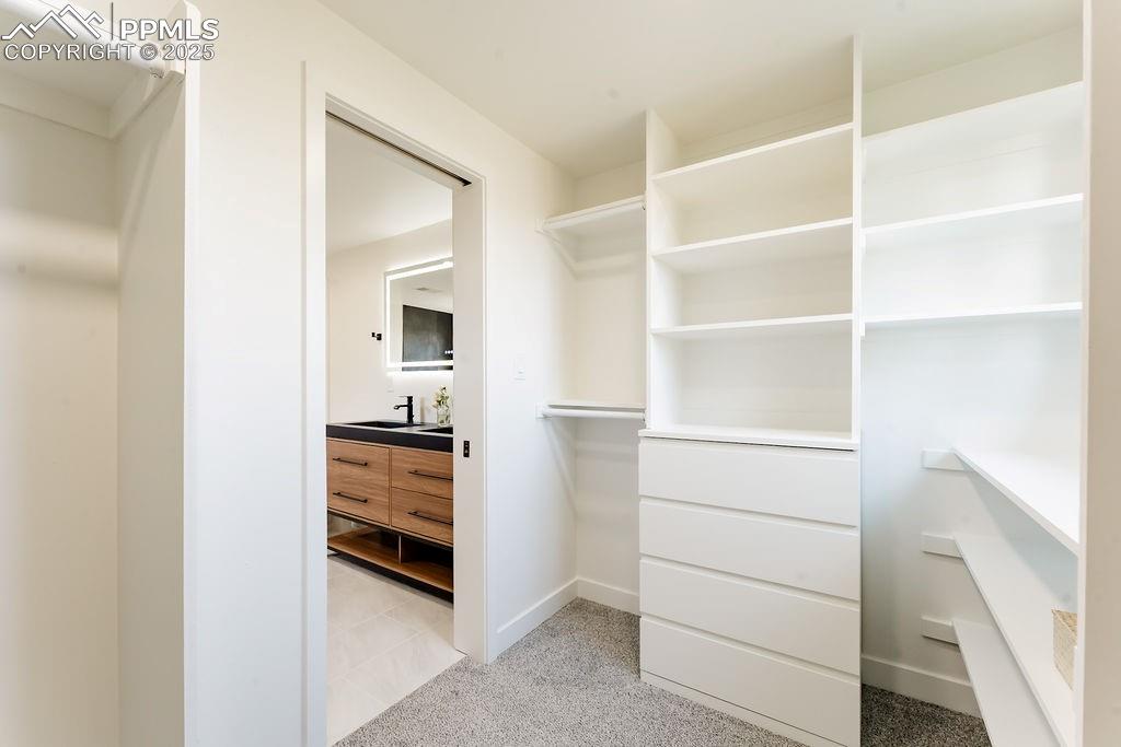 Image 26 of 43: Walk in closet featuring light colored carpet