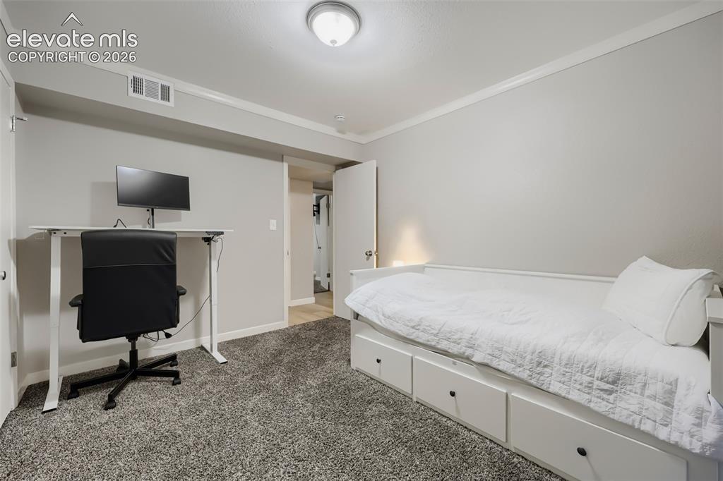 Image 20 of 28: Carpeted room with a ceiling-mounted light fixture and white crown molding