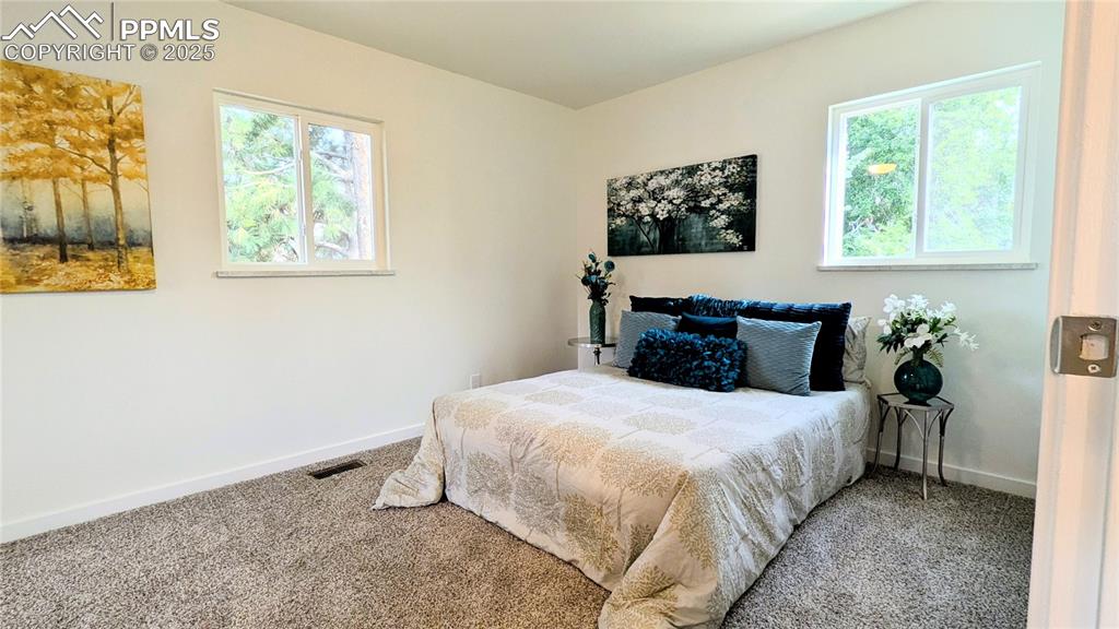 Image 4 of 39: Carpeted bedroom with multiple windows