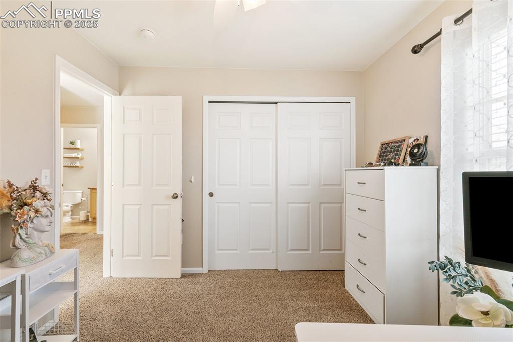 Image 17 of 27: Carpeted bedroom featuring a closet