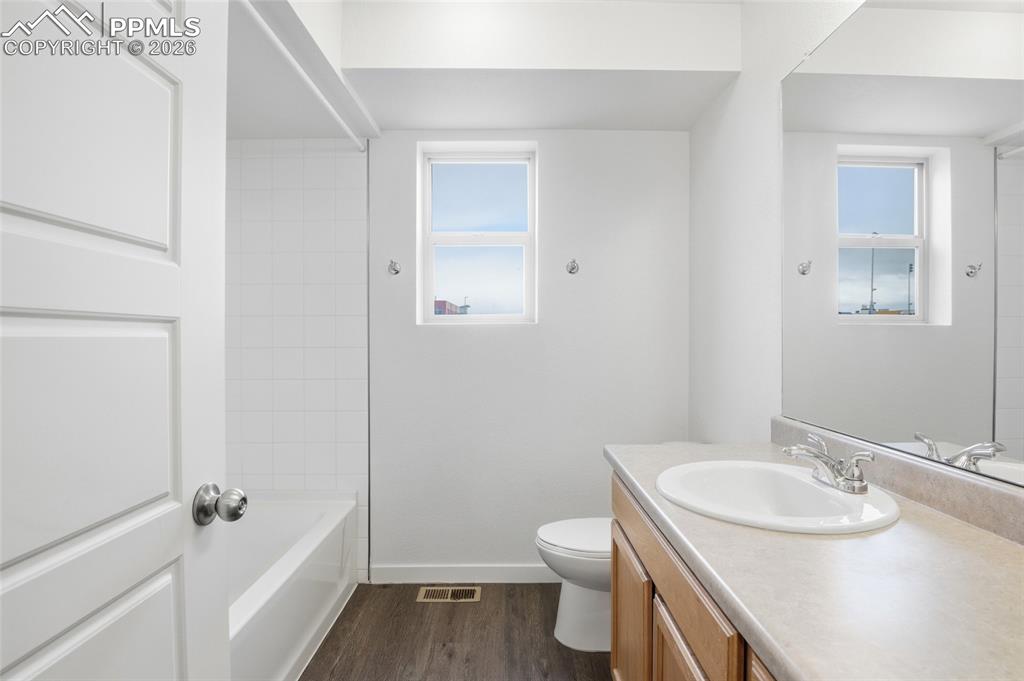 Image 16 of 29: Full bathroom featuring vanity, dark wood-type flooring, healthy amount of 