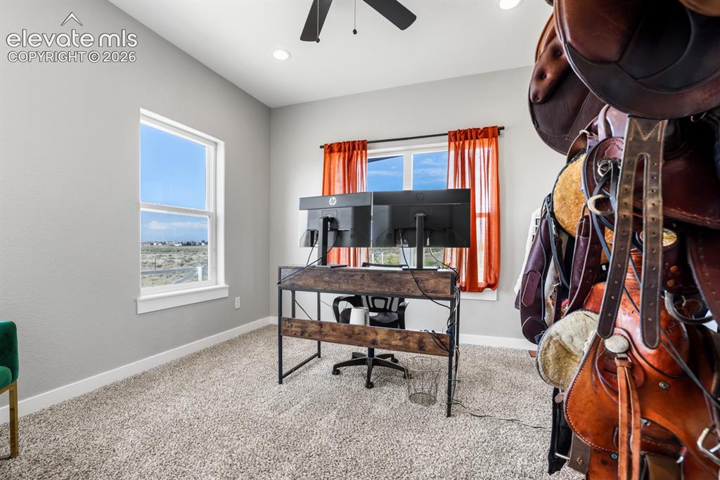 Image 22 of 50: Room featuring light gray walls, plush carpeting, and recessed lighting