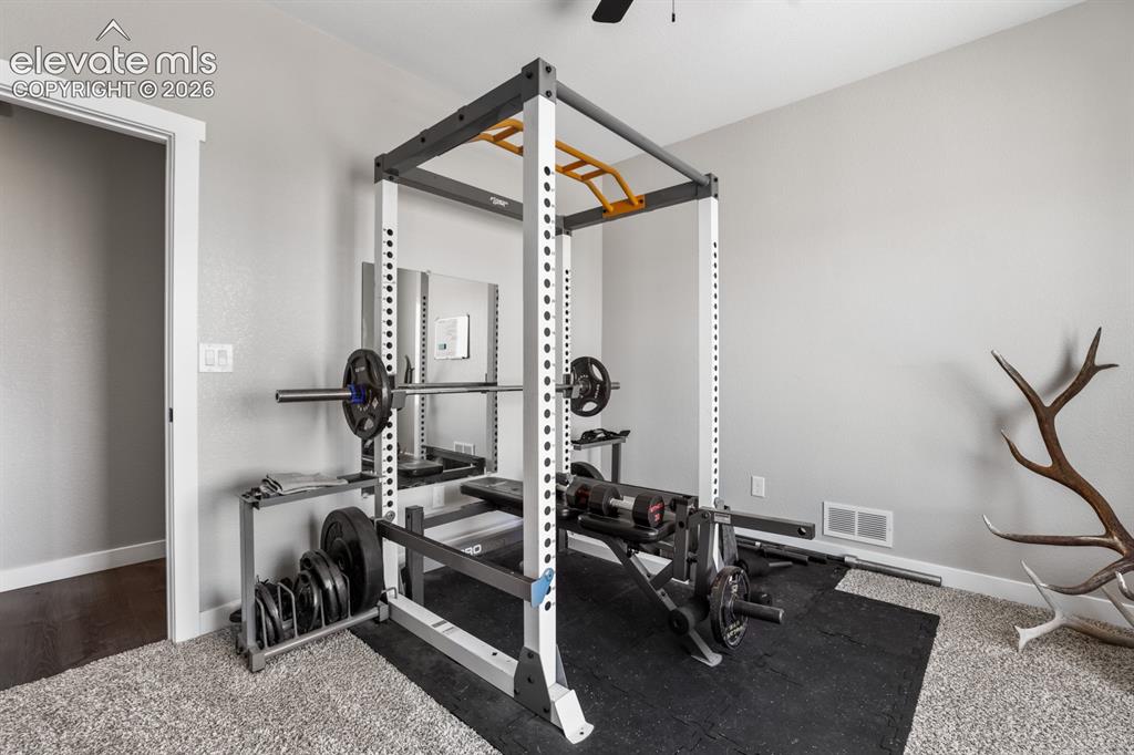 Image 32 of 50: Carpeted room with light gray walls, white trim, and a ceiling fan