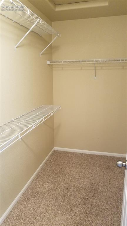 Image 18 of 32: Walk-in closet featuring wire shelving, wire hanging rods, neutral-toned wa