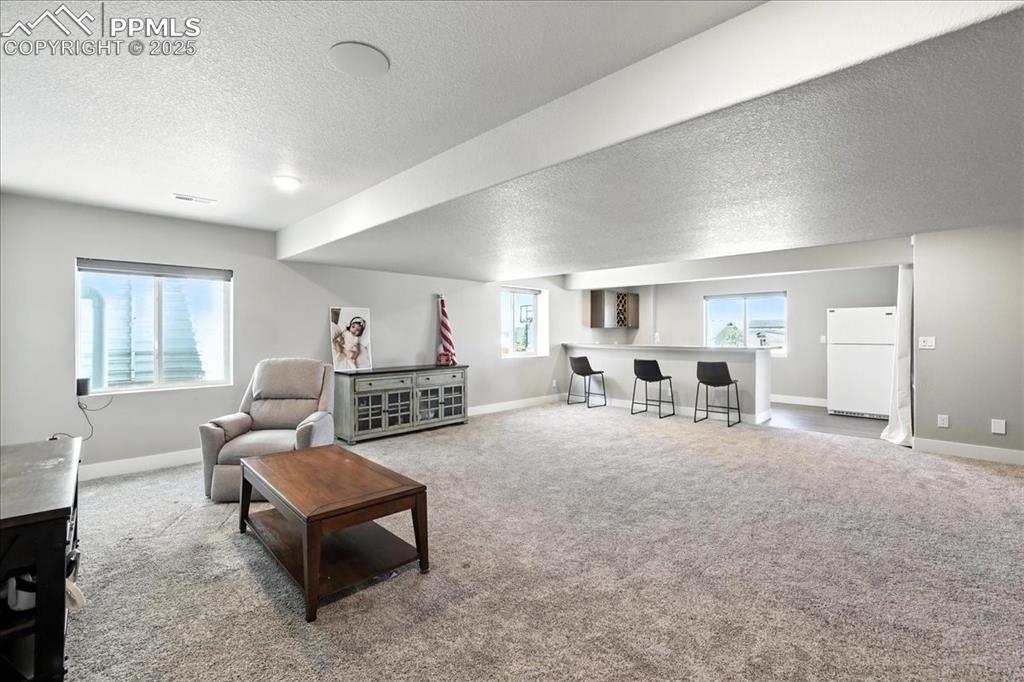 Image 22 of 50: Carpeted living area with a textured ceiling and a bar