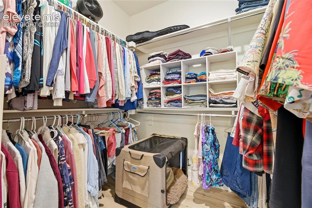 Image 26 of 50: Walk-in closet featuring multiple hanging rods, built-in shelving, white wa