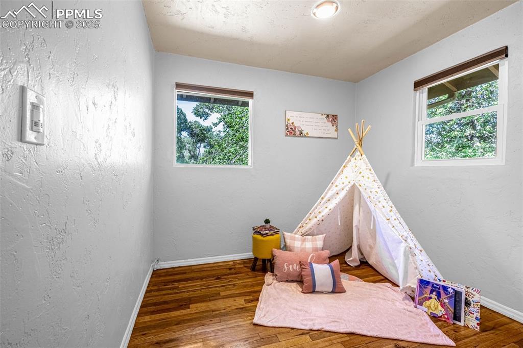 Image 20 of 42: Rec room featuring plenty of natural light, wood finished floors, and a tex