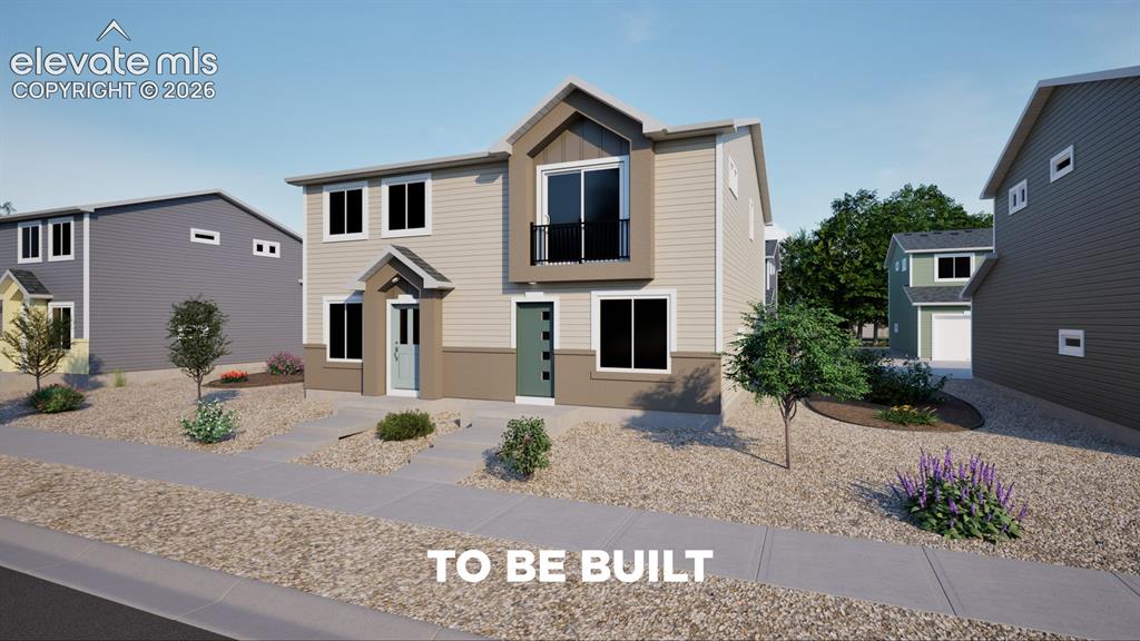 Image 1 of 17: Two-story exterior with multi-toned siding, covered front entry, and second
