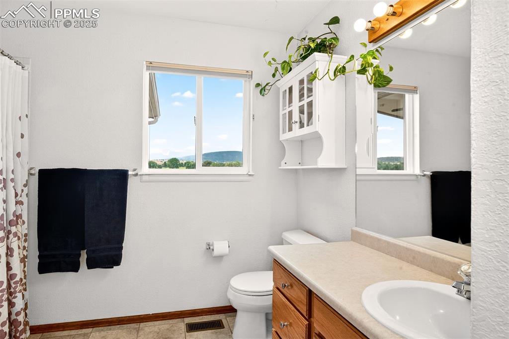 Image 15 of 40: Full bathroom featuring vanity, plenty of natural light, curtained shower,