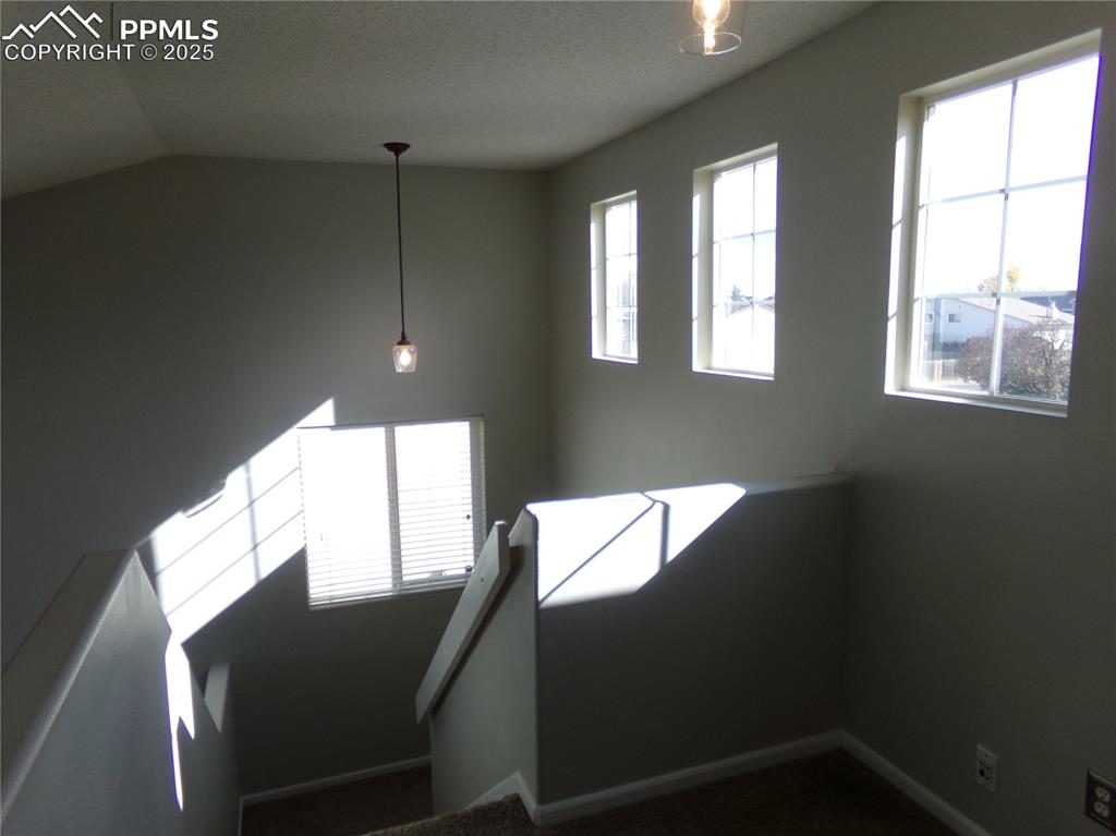 Image 13 of 29: Staircase with baseboards and carpet floors