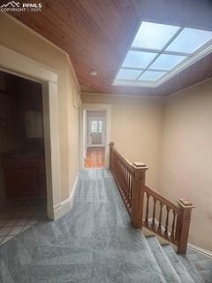 Image 17 of 50: Hallway featuring a skylight, an upstairs landing, carpet, and wood ceiling
