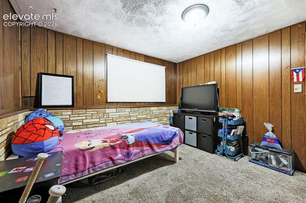 Image 20 of 26: Wood paneling, stone accent wall, ceiling-mounted light fixture, and carpet