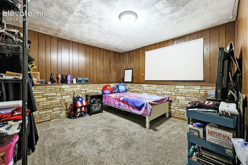 Image 21 of 26: Carpeted flooring, wood paneling, decorative stone-finish wainscoting, and 