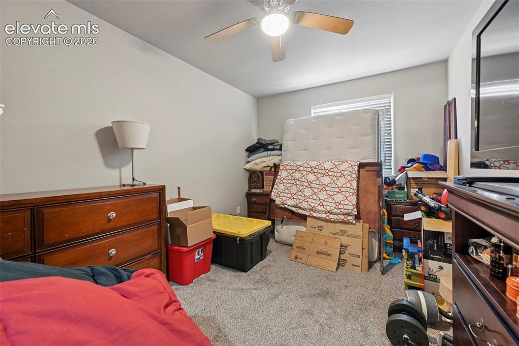 Image 14 of 22: Carpeted room featuring a ceiling fan with light fixture, a window with bli