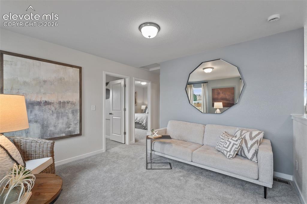 Image 14 of 26: Plush carpeting throughout, white interior doors, and overhead flush-mount 
