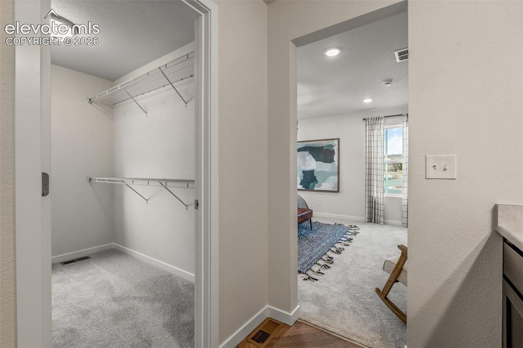 Image 21 of 26: Walk-in closet featuring wire shelving and carpet flooring