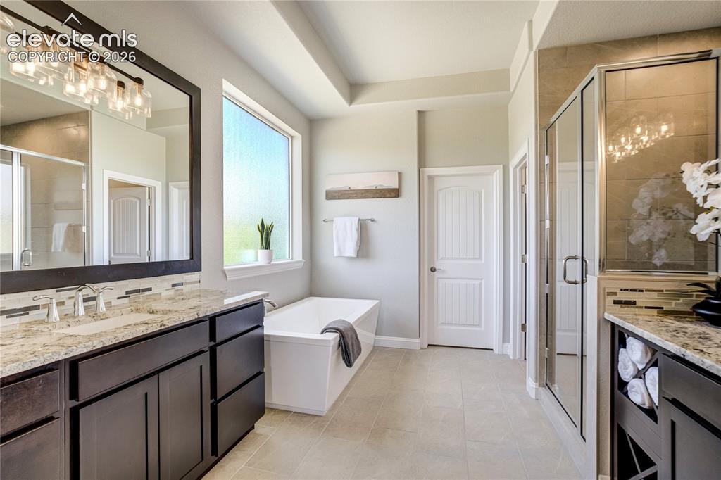 Image 20 of 50: Spa-inspired luxury featuring a freestanding soaking tub, oversized walk-in