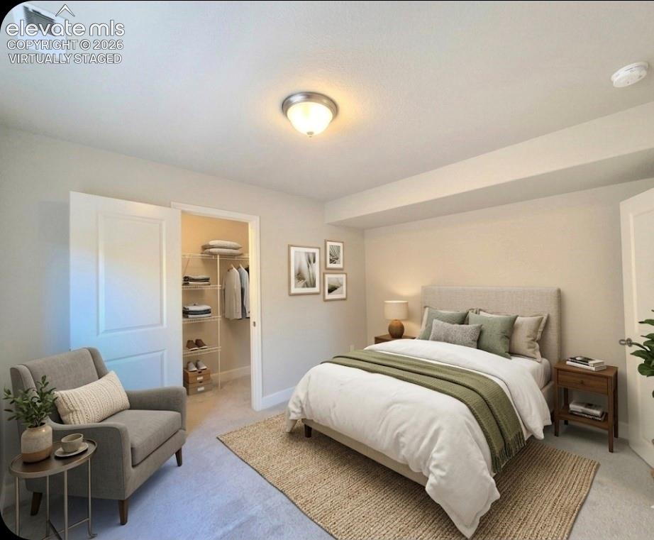 Image 29 of 35: virtually staged basement bedroom