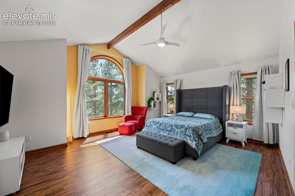 Image 20 of 47: Vaulted ceiling featuring an exposed wood beam and a contemporary ceiling f