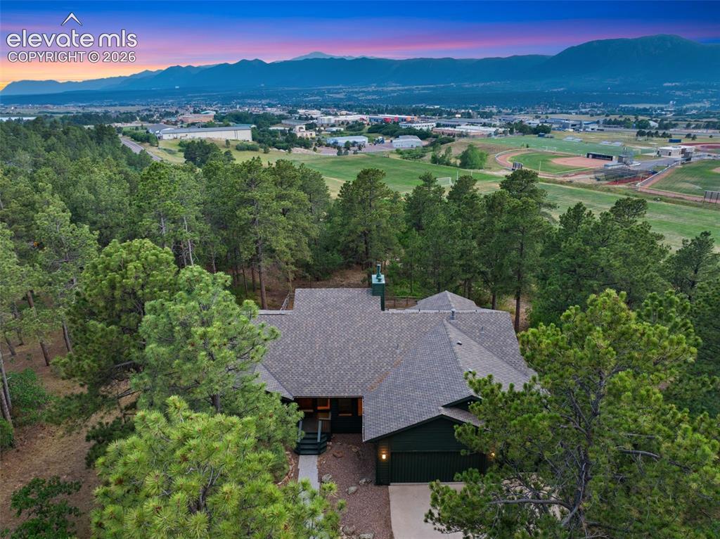Image 45 of 47: Single-story residence set amidst mature evergreen trees