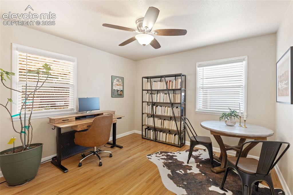 Image 18 of 47: Bright room featuring wood-finish flooring, a ceiling fan with light fixtur