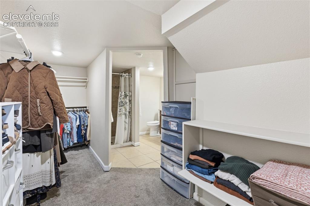Image 29 of 47: Carpeted dressing area featuring built-in shelving, recessed lighting, and