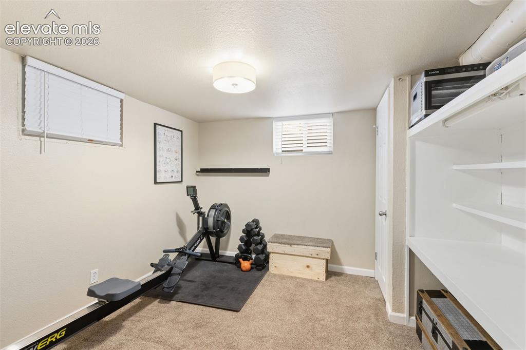 Image 35 of 47: Carpeted room with recessed windows and blinds, featuring a flush mount cei