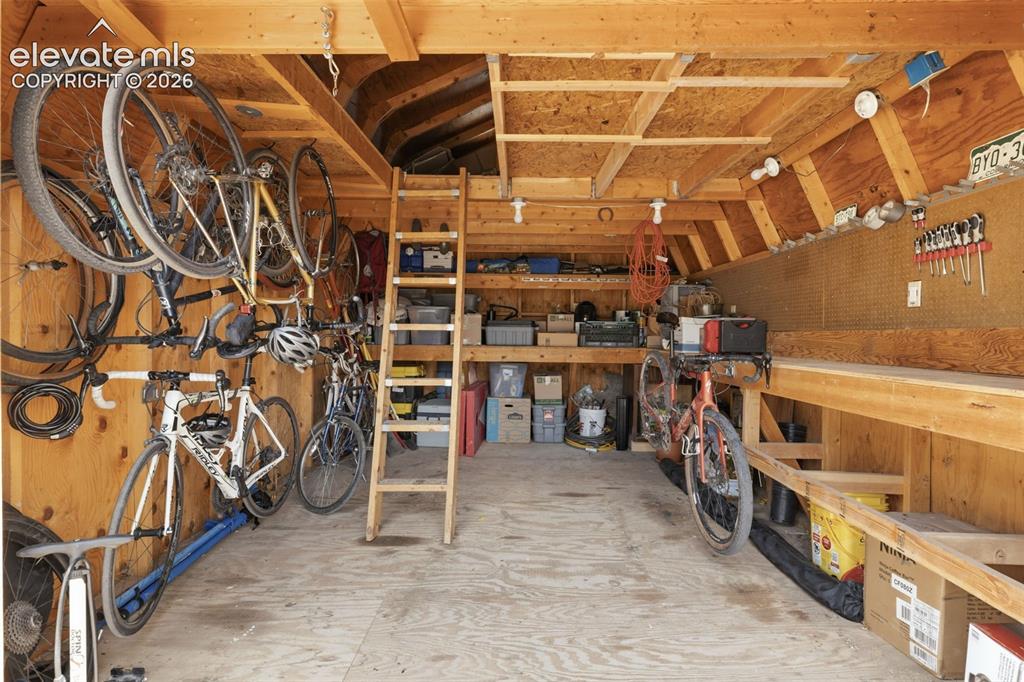 Image 44 of 47: Spacious storage shed with exposed wood beams and plywood walls