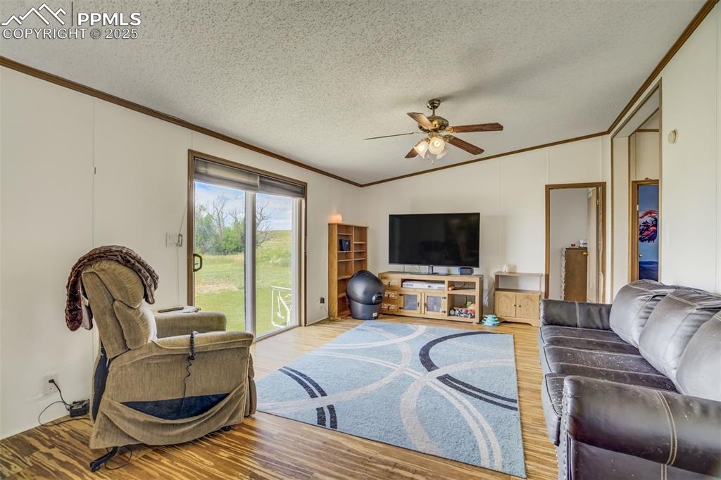 Image 15 of 50: Living room with crown molding, vaulted ceiling, ceiling fan, a textured ce