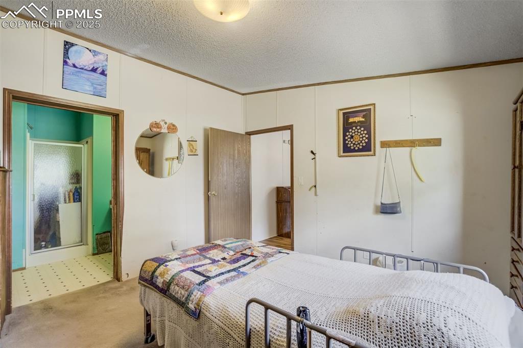 Image 18 of 50: Bedroom featuring carpet flooring, crown molding, and a textured ceiling