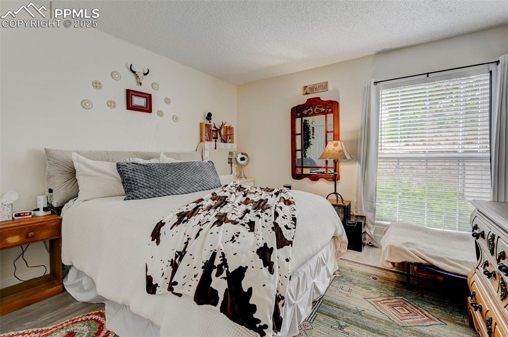 Image 6 of 16: Bedroom featuring wood finished floors, multiple windows, and a textured ce