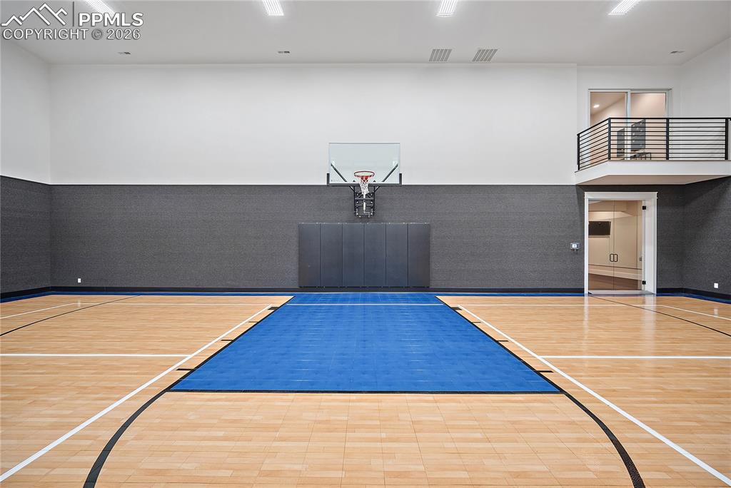Image 35 of 48: Indoor sport court with batting cage and pickle ball court