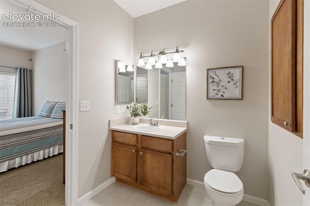Image 20 of 31: Built-in vanity with wood-finish cabinetry, a single basin sink, and a ligh