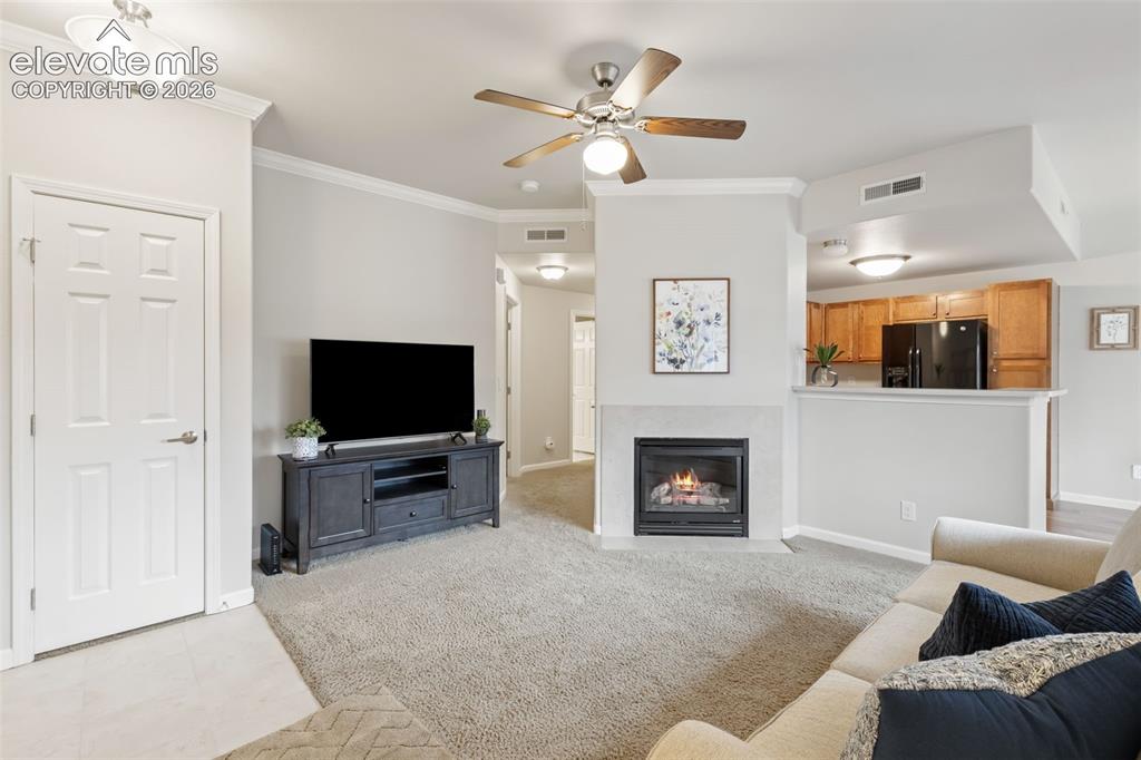Image 3 of 31: Living area featuring a gas fireplace with a light-toned surround, a ceilin