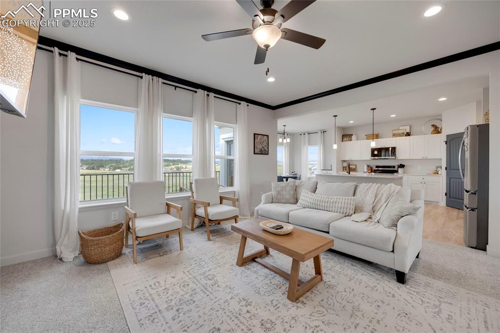 Image 4 of 37: Living area featuring ceiling fan, recessed lighting, light carpet, ornamen