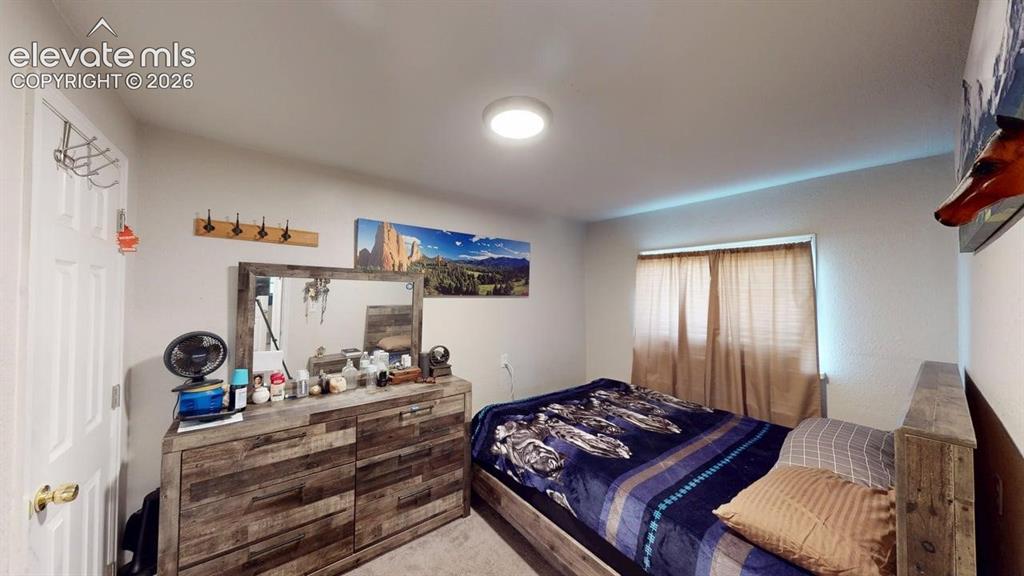 Image 13 of 23: Carpeted flooring, window with privacy coverings, flush-mount ceiling light